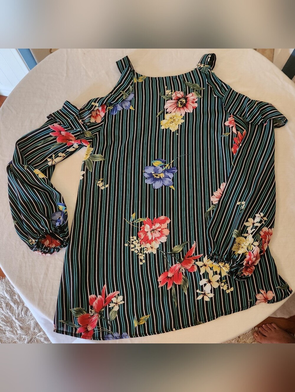 Cold-Shoulder Floral Striped Blouse - Black with Multicolor Flowers